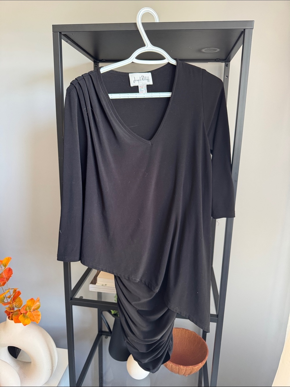 178.Joseph Ribkoff Black Asymmetrical V-Neck Draped Dress